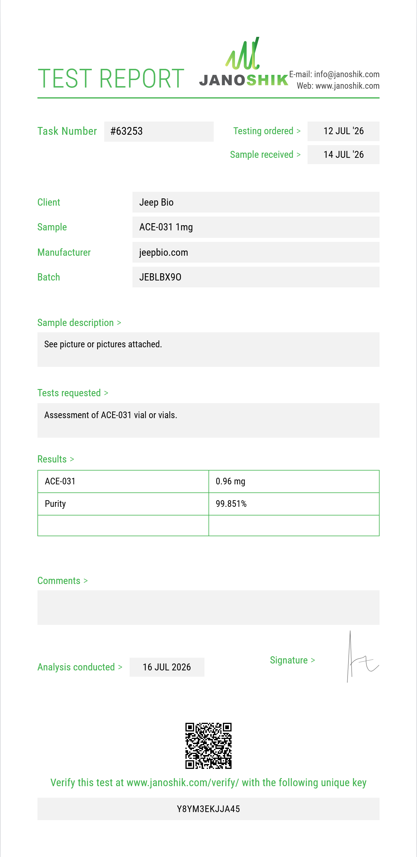 ACE-031 Purity (HPLC) report by Janoshik Analytical