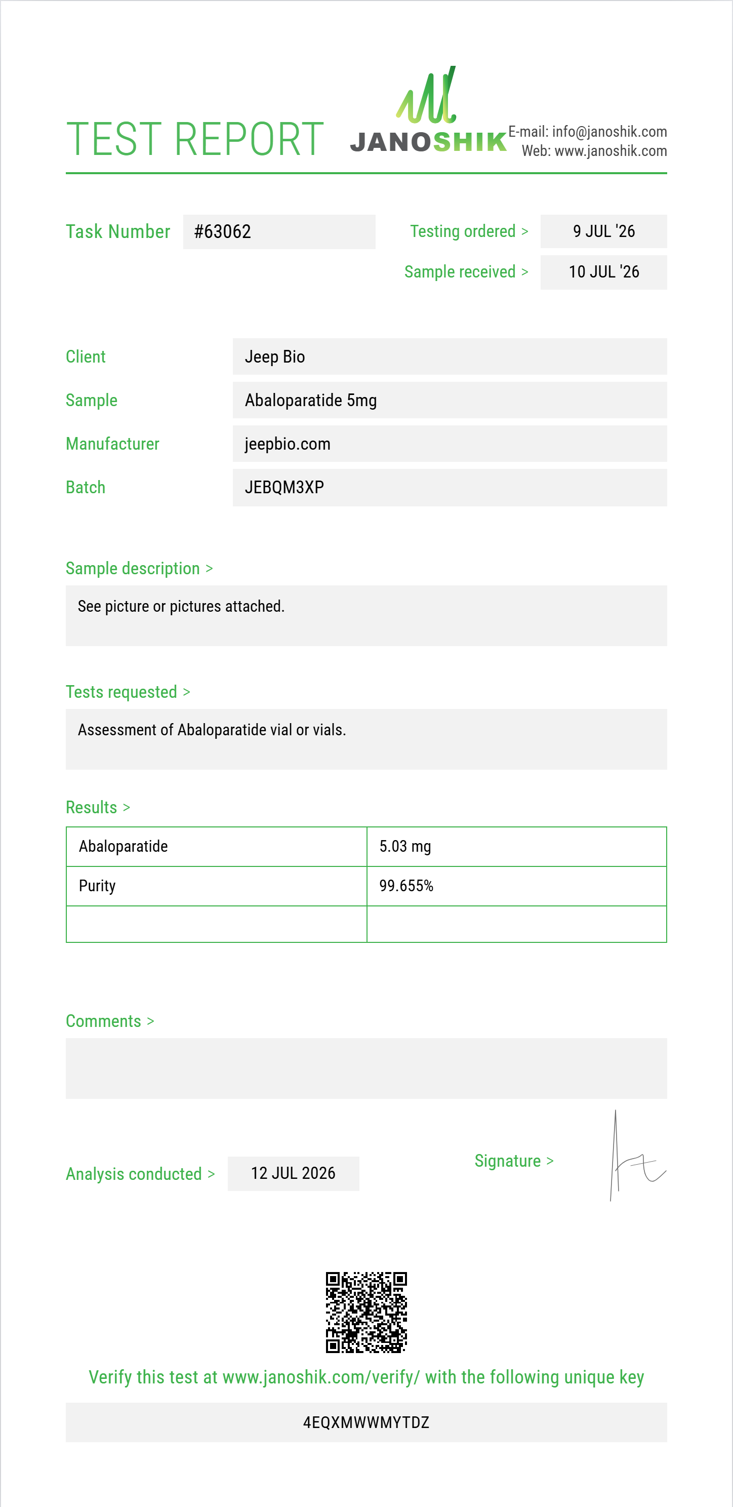 Abaloparatide Purity (HPLC) report by Janoshik Analytical
