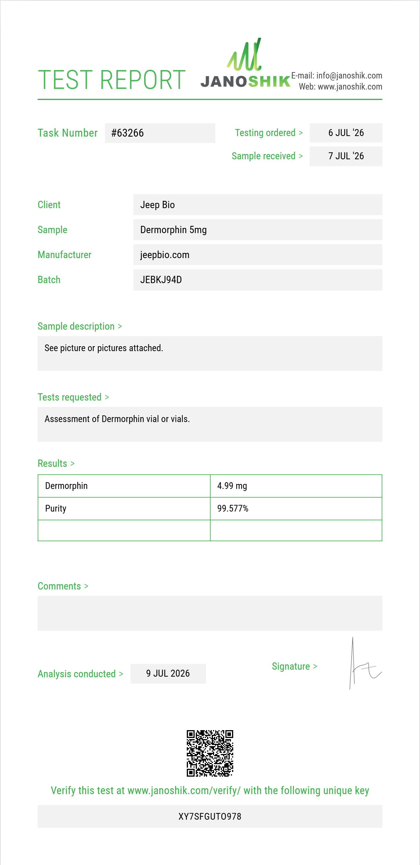 Dermorphin Purity (HPLC) report by Janoshik Analytical