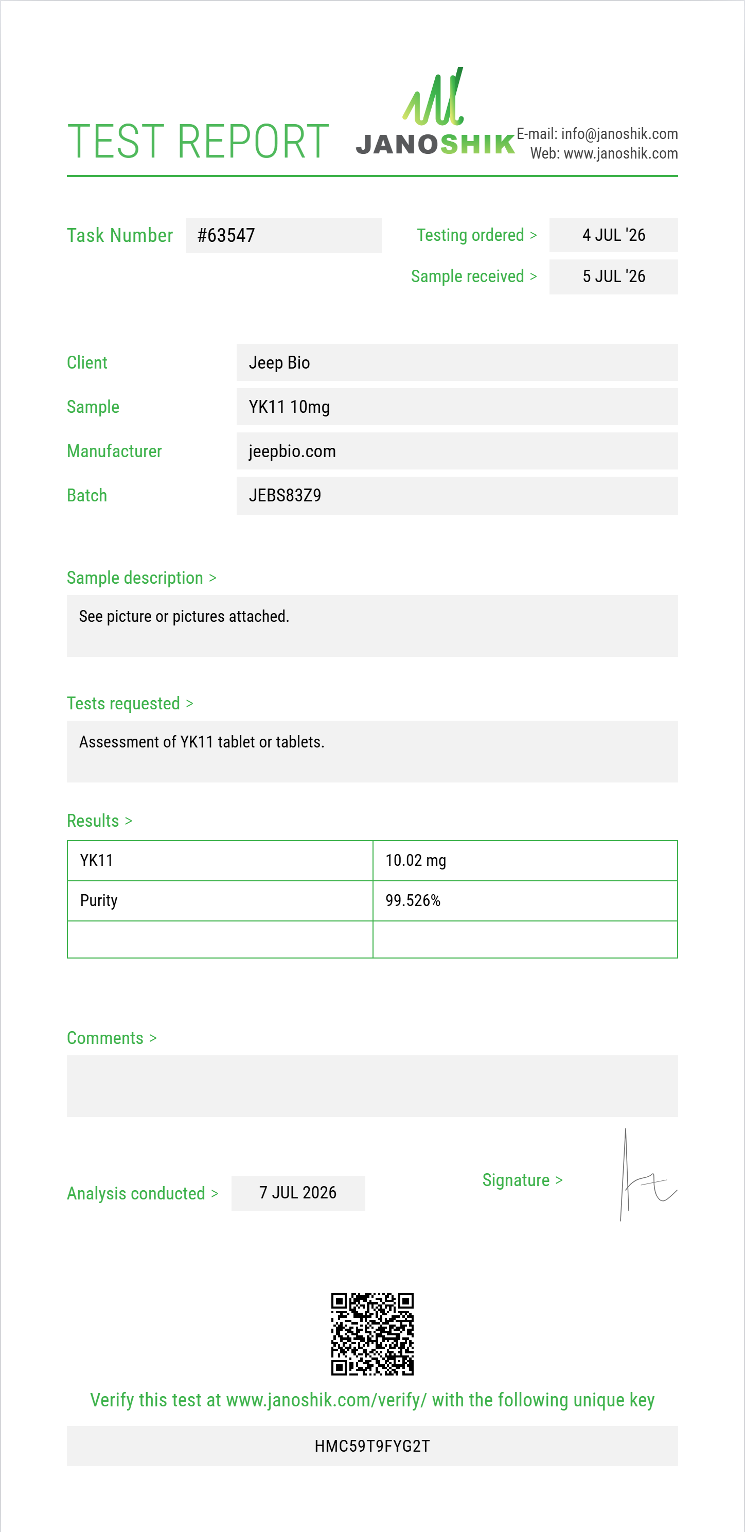 YK11 Purity (HPLC) report by Janoshik Analytical